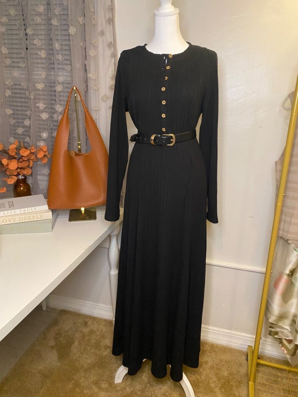 Halara Black Ribbed Long Sleeve Button Front Maxi Dress Size L NWOT - Picture 6 of 8